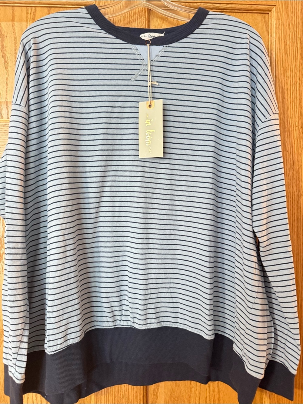 In Loom Striped Crewneck Shirt Top Light Blue & Navy Medium NEW WITH TAGS